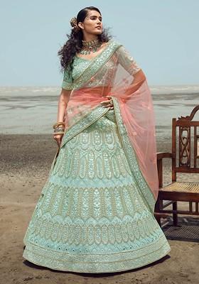 Turquoise Blue Thread Dori Embroidered Organza Lehenga Set