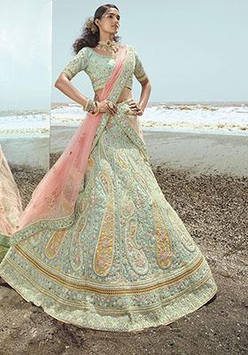 Turquoise Blue Thread Dori Embroidered Georgette Lehenga Set