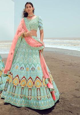 Turquoise Blue Dori Thread Embroidered Georgette Lehenga Set