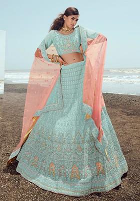 Turquoise Blue Thread Dori Embroidered Georgette Lehenga Set