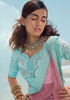 Turquoise Blue Thread Dori Embroidered Georgette Lehenga Set