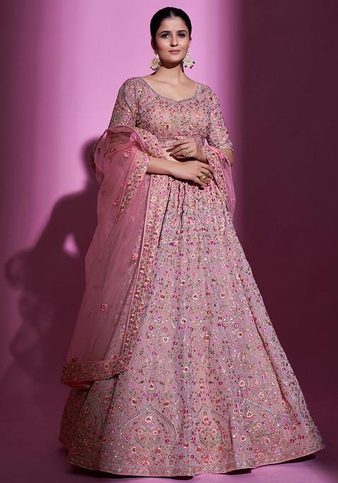 Mauve Thread Embroidered Georgette Lehenga Set — view on Indya