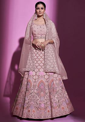 Turquoise Blue Thread Embroidered Georgette Lehenga Set