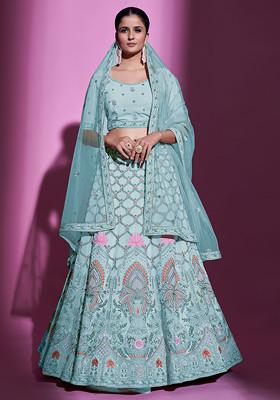Blue Thread Embroidered Soft Net Lehenga Set