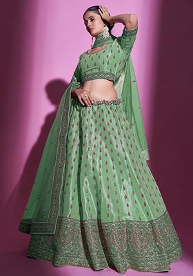 Green Thread Embroidered Georgette Lehenga Set