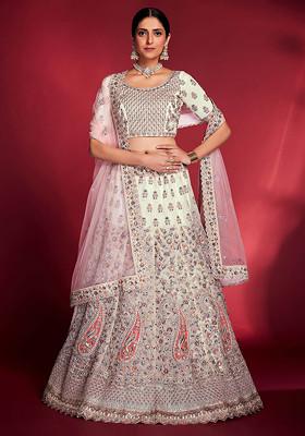 Off White Thread Sequin Embroidered Georgette Lehenga Set