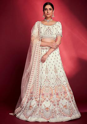 Off White Sequin Thread Embroidered Georgette Lehenga Set