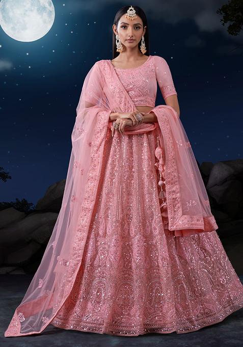 Pink Sequin Embroidered Soft Net Lehenga Set