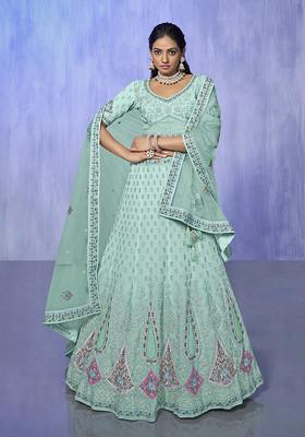 Aqua Blue Thread Embroidered Soft Net Lehenga Set