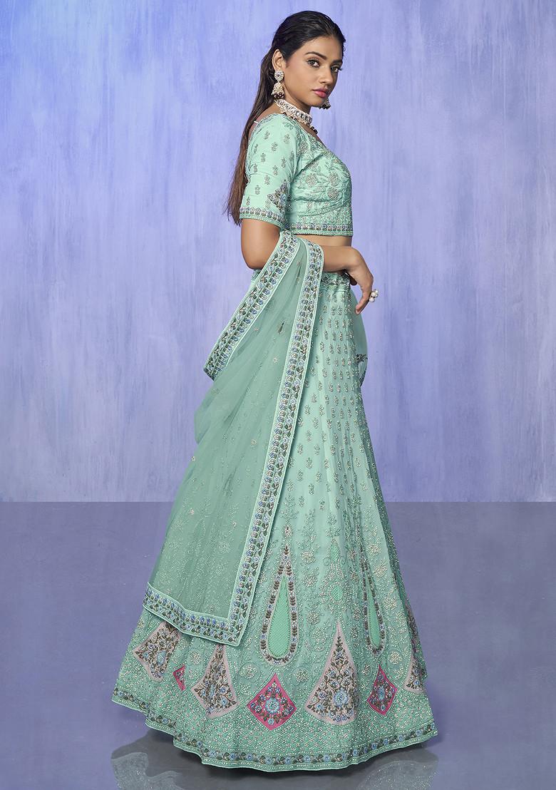 Aqua Blue Thread Embroidered Soft Net Lehenga Set