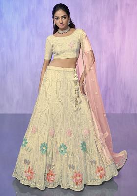 Off White Thread Embroidered Velvet Lehenga Set