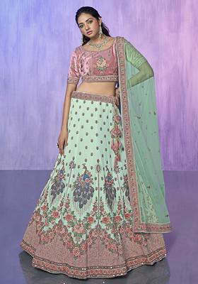 Aqua Blue Thread Embroidered Soft Net Lehenga Set