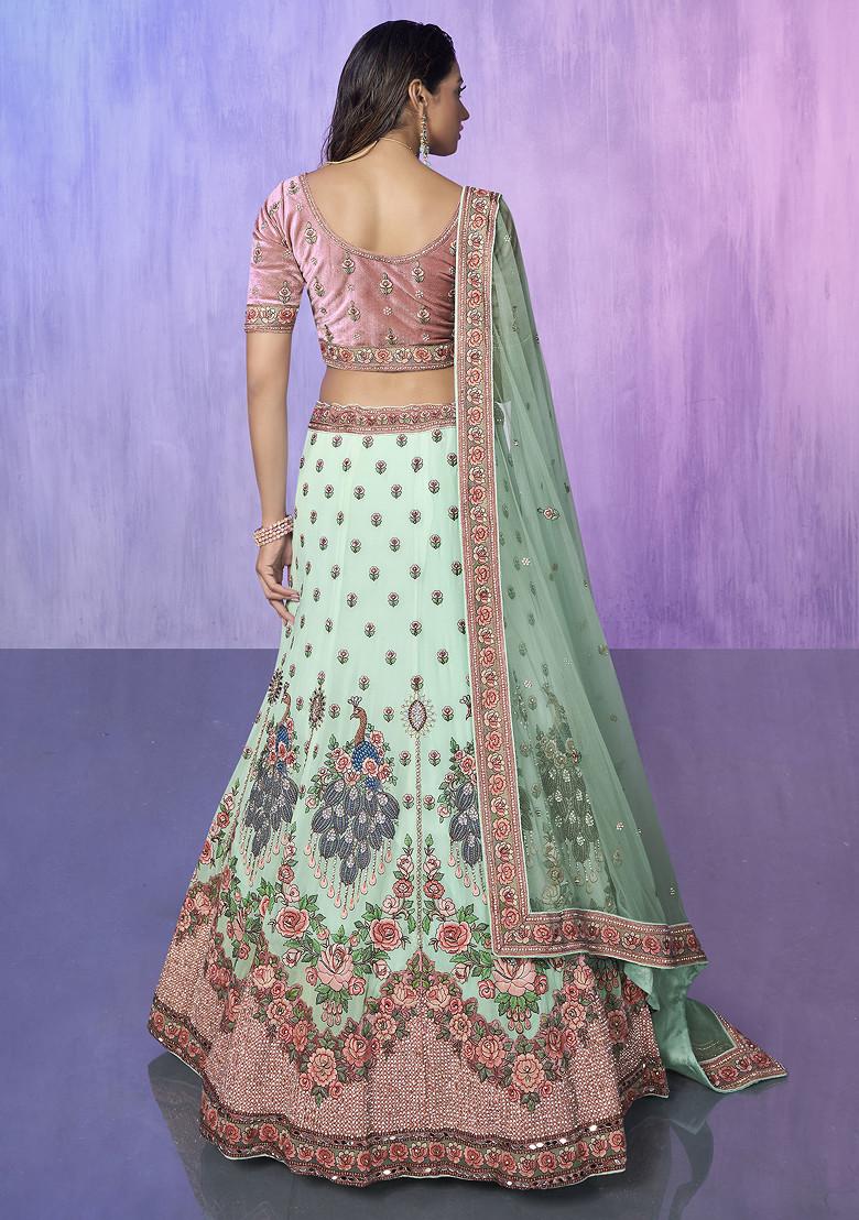 Aqua Blue Thread Embroidered Soft Net Lehenga Set