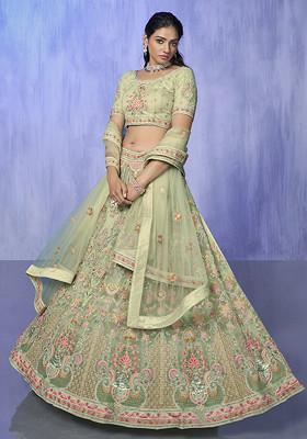 Green Thread Embroidered Velvet Lehenga Set