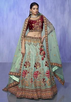 Turquoise Blue Thread Embroidered Georgette Lehenga Set