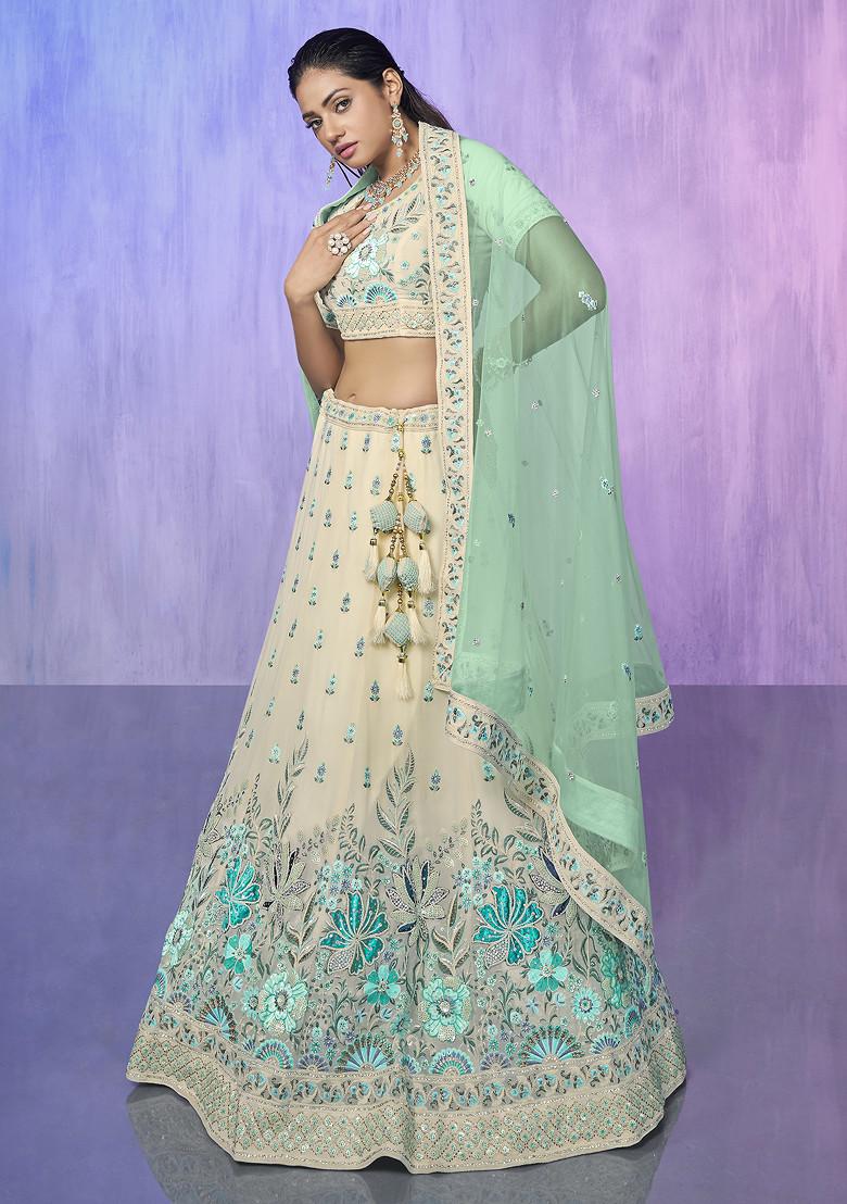 White Thread Embroidered Georgette Lehenga Set