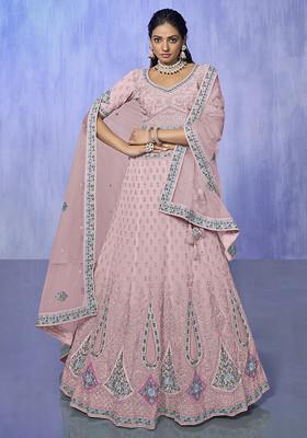 Pink Thread Embroidered Soft Net Lehenga Set