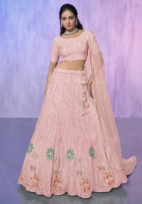 Peach Thread Embroidered Soft Net Lehenga Set