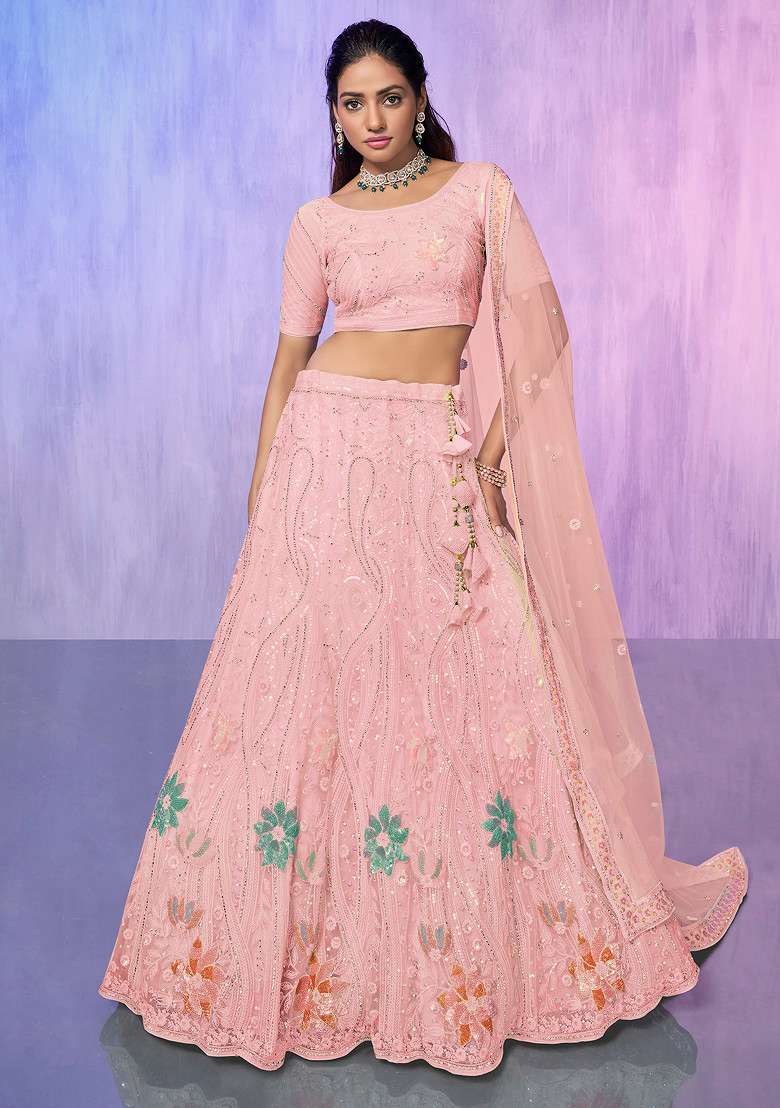 Peach Thread Embroidered Soft Net Lehenga Set - Indya