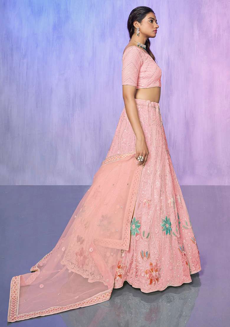 Peach Thread Embroidered Soft Net Lehenga Set - Indya