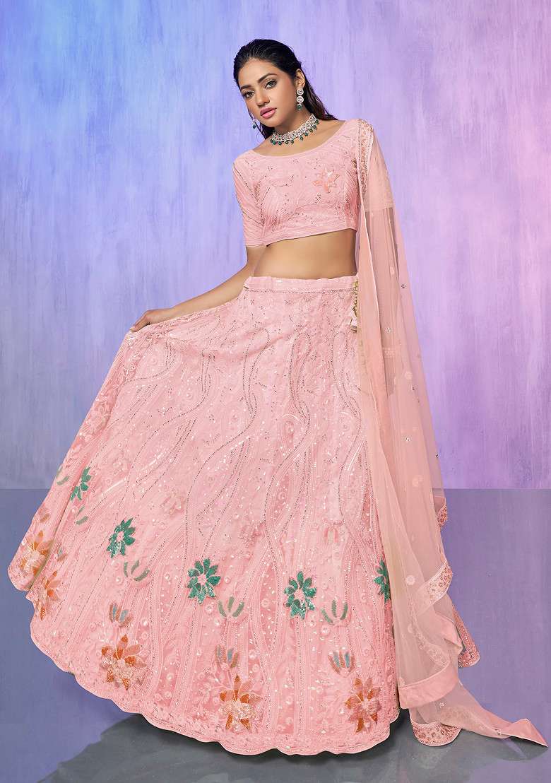 Peach Thread Embroidered Soft Net Lehenga Set - Indya