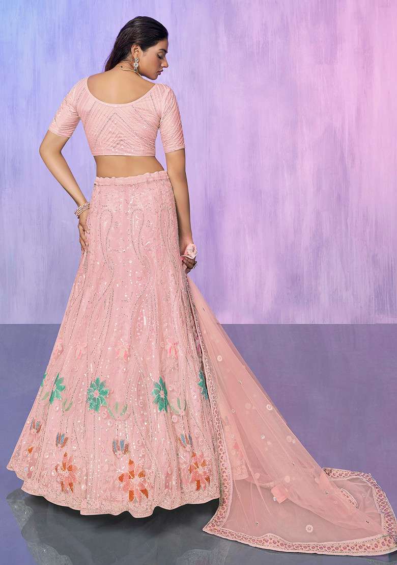 Peach Thread Embroidered Soft Net Lehenga Set - Indya