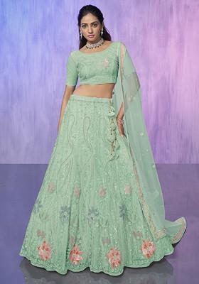 Aqua Blue Thread Embroidered Soft Net Lehenga Set