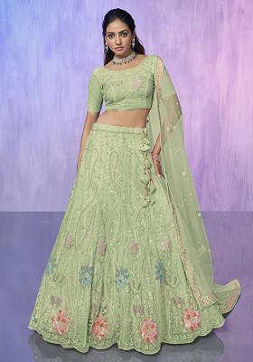 Sea Green Thread Embroidered Velvet Lehenga Set