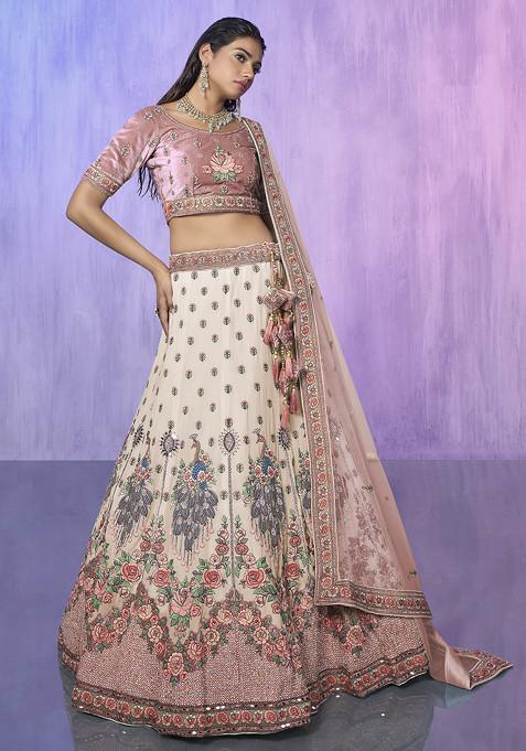White Thread Embroidered Velvet Lehenga Set