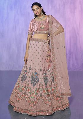 Peach Thread Embroidered Soft Net Lehenga Set