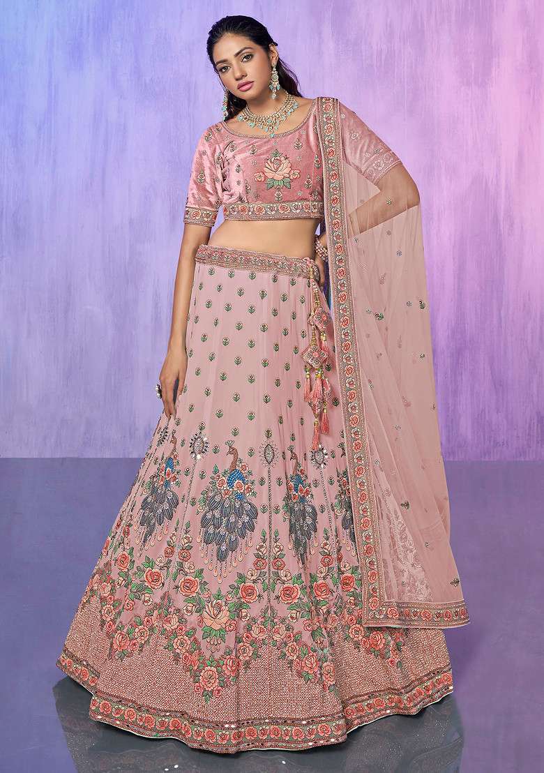 Peach Thread Embroidered Soft Net Lehenga Set - Indya