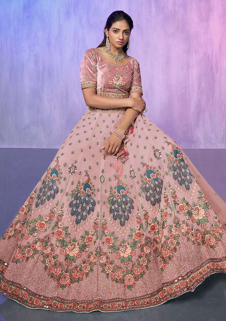 Peach Thread Embroidered Soft Net Lehenga Set - Indya
