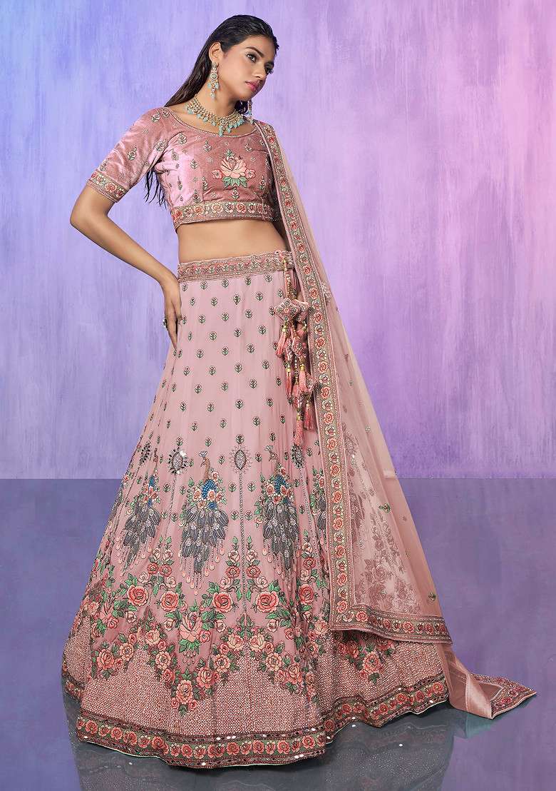 Peach Thread Embroidered Soft Net Lehenga Set - Indya