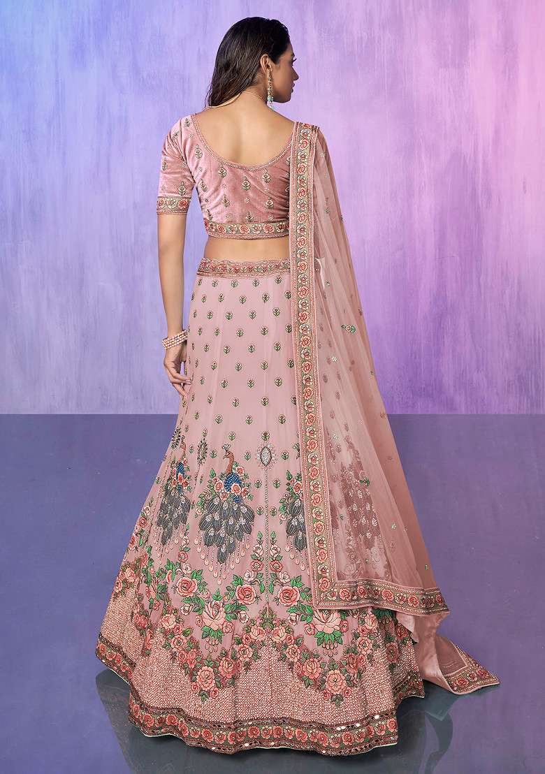 Peach Thread Embroidered Soft Net Lehenga Set - Indya