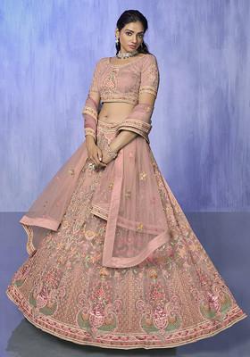 Peach Thread Embroidered Velvet Lehenga Set