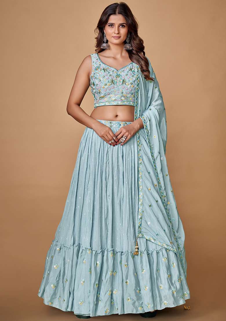 Powder Blue Sequin Work Georgette Lehenga Set - Indya