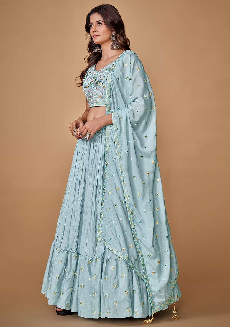 Powder Blue Sequin Work Georgette Lehenga Set - Indya