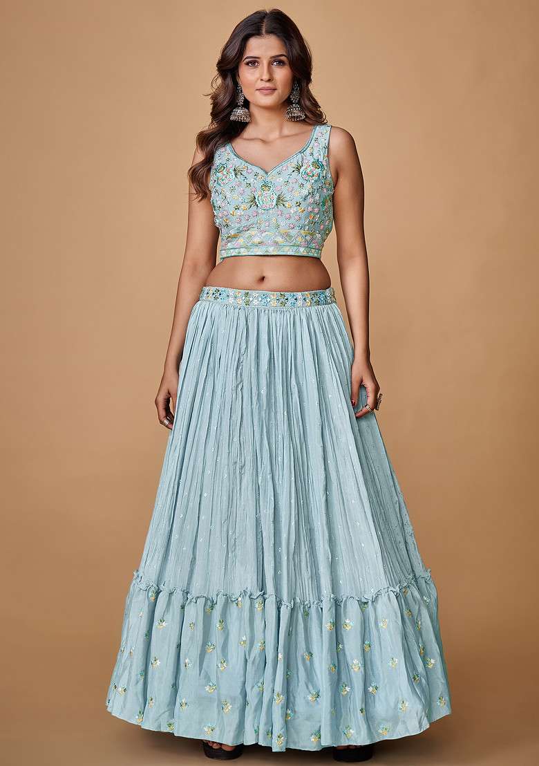 Powder Blue Sequin Work Georgette Lehenga Set - Indya