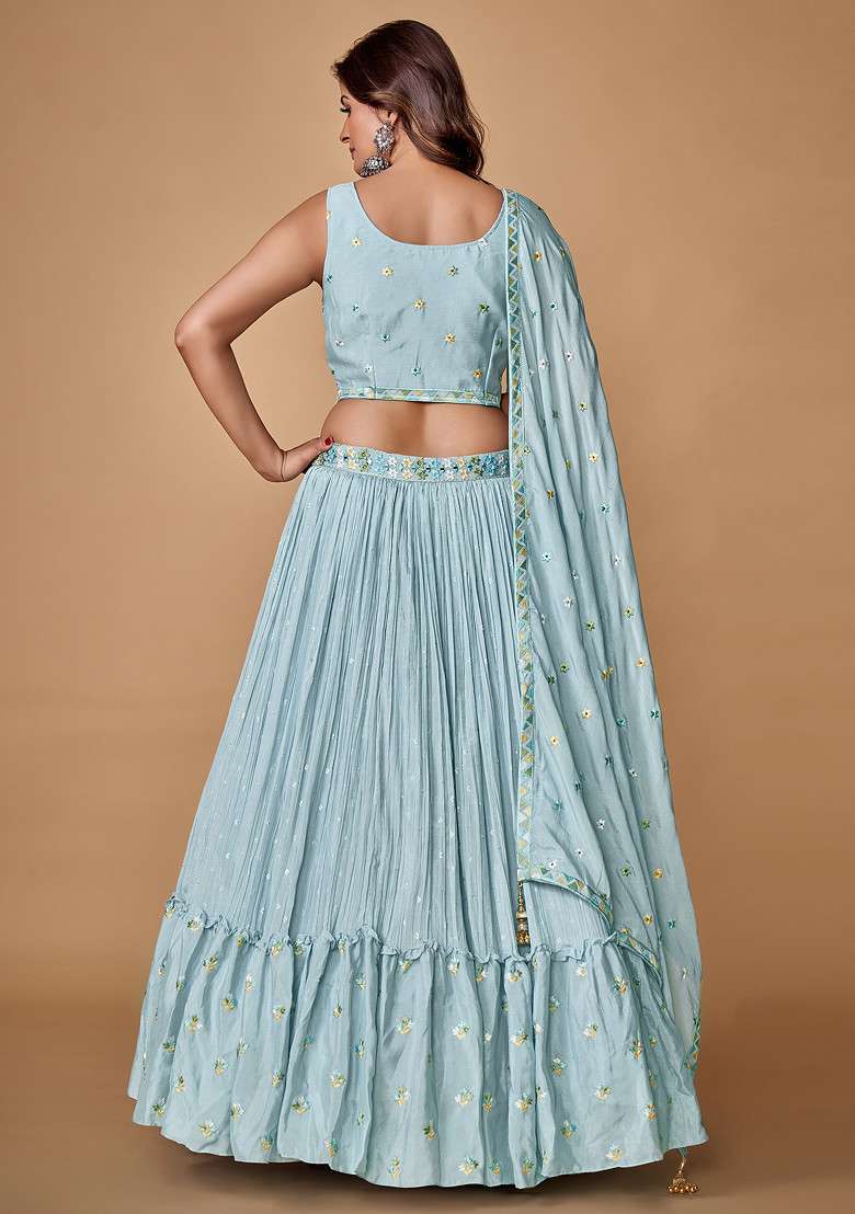 Powder Blue Sequin Work Georgette Lehenga Set - Indya