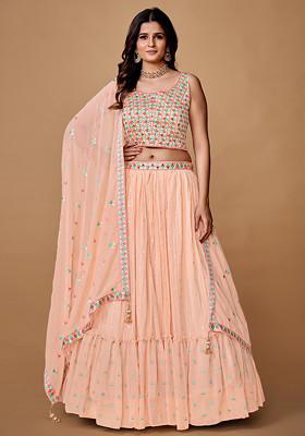Peach Sequin Work Soft Net Lehenga Set
