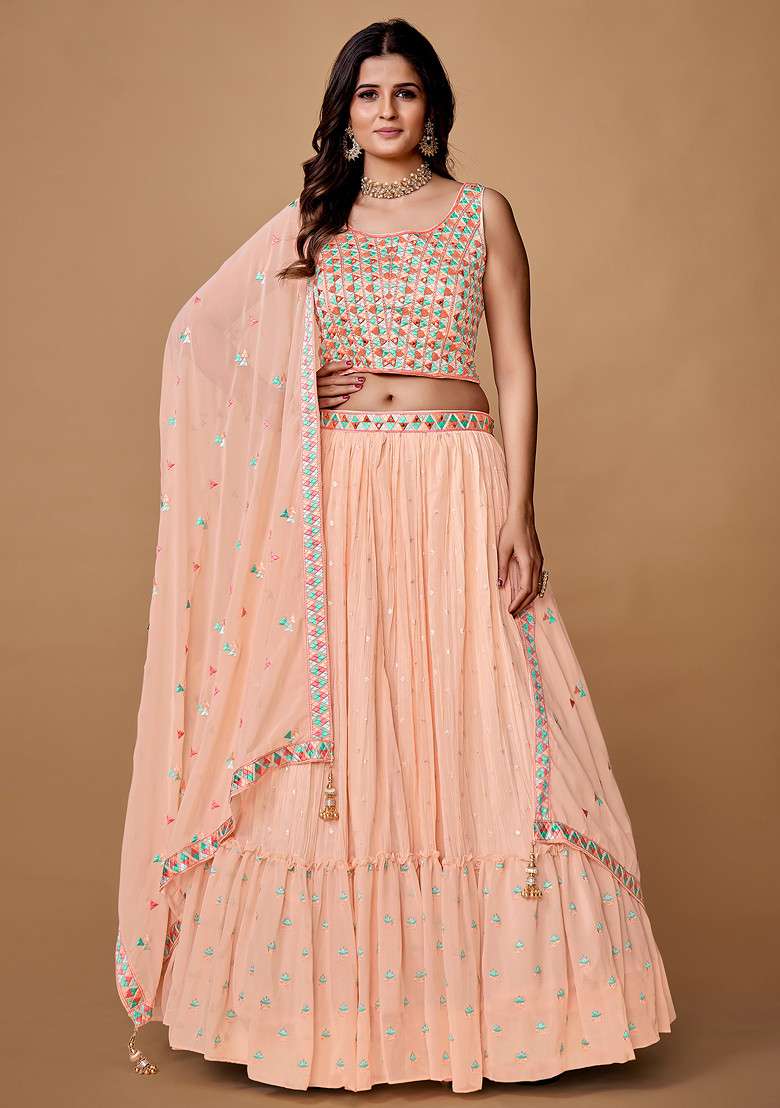 Peach Sequin Work Soft Net Lehenga Set - Indya