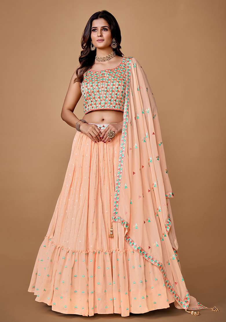 Peach Sequin Work Soft Net Lehenga Set - Indya