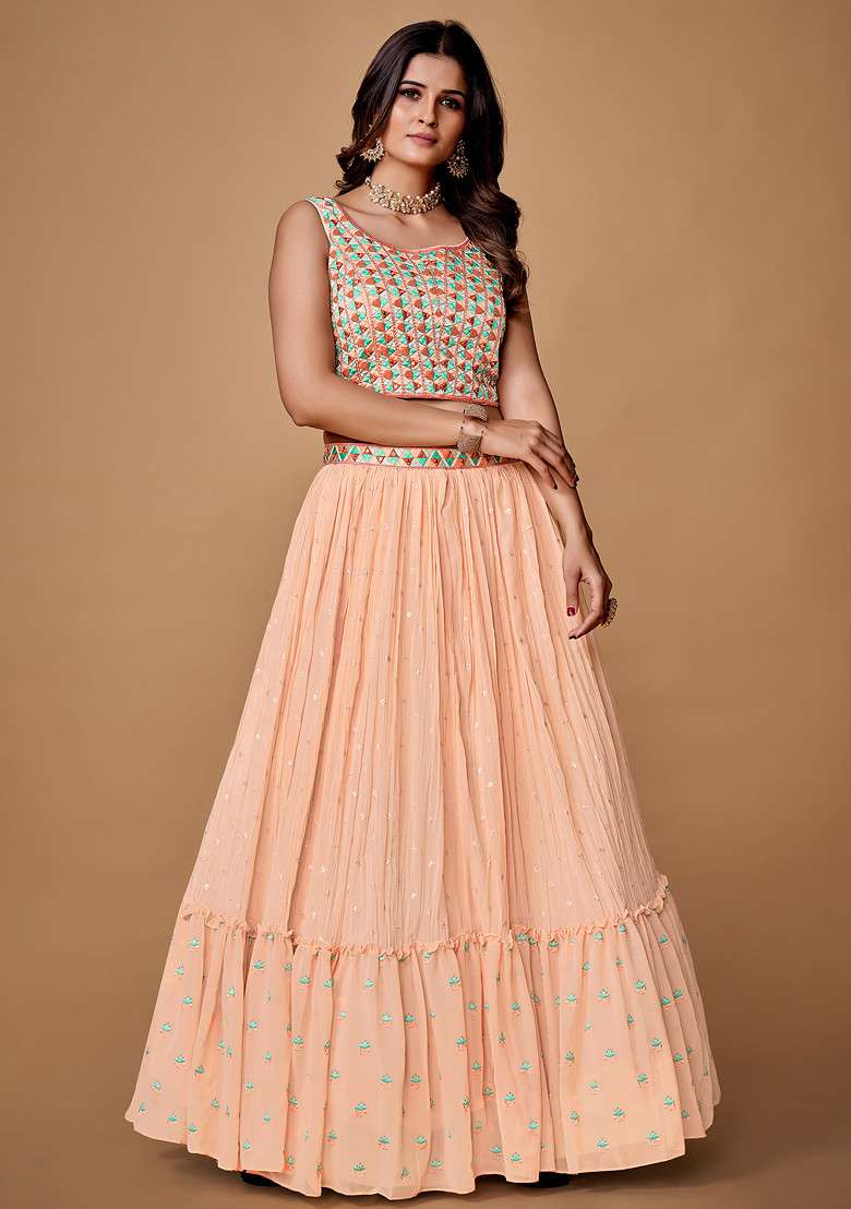 Peach Sequin Work Soft Net Lehenga Set - Indya