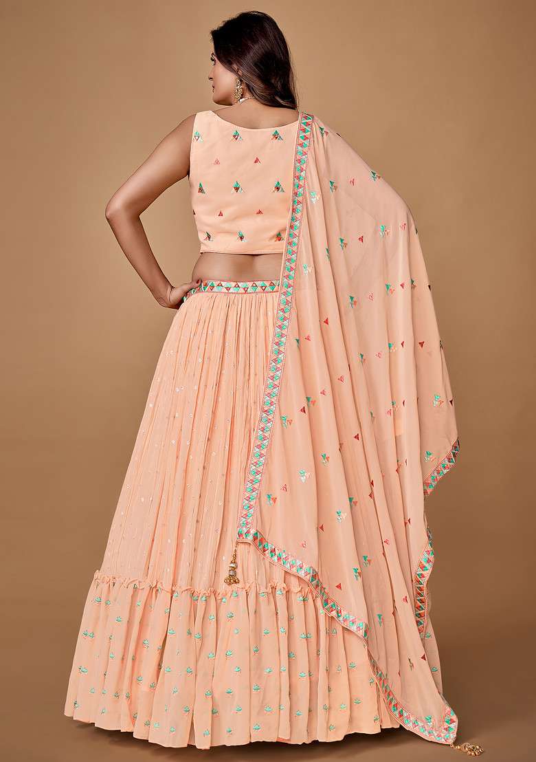 Peach Sequin Work Soft Net Lehenga Set - Indya