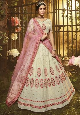 White Thread Embroidered Soft Net Lehenga Set