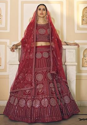 Maroon Mirror Embroidered Soft Net Lehenga Set