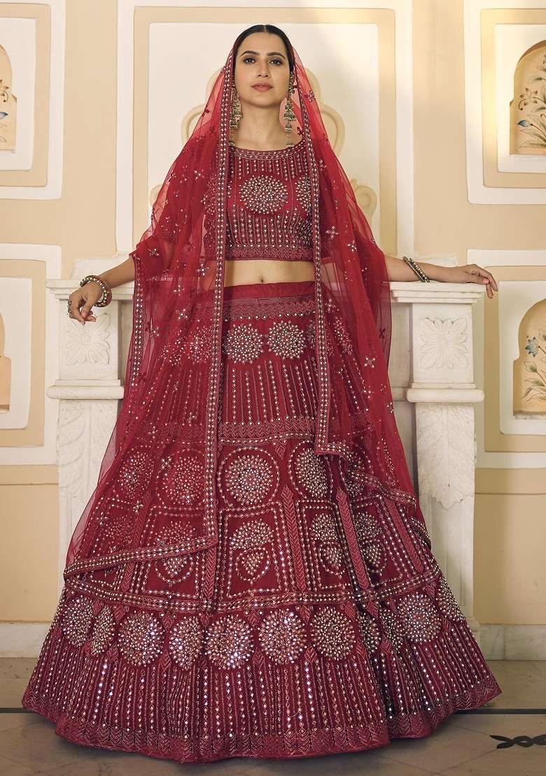 Maroon Mirror Embroidered Soft Net Lehenga Set - Indya
