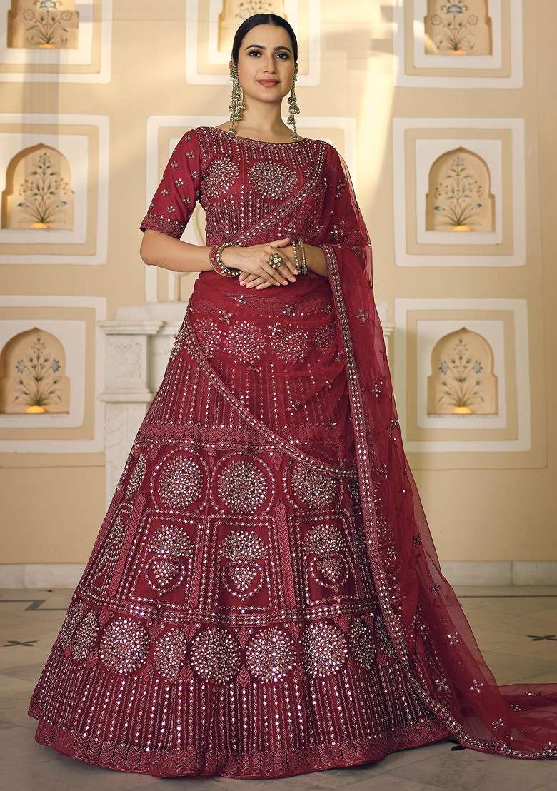 Maroon Mirror Embroidered Soft Net Lehenga Set - Indya