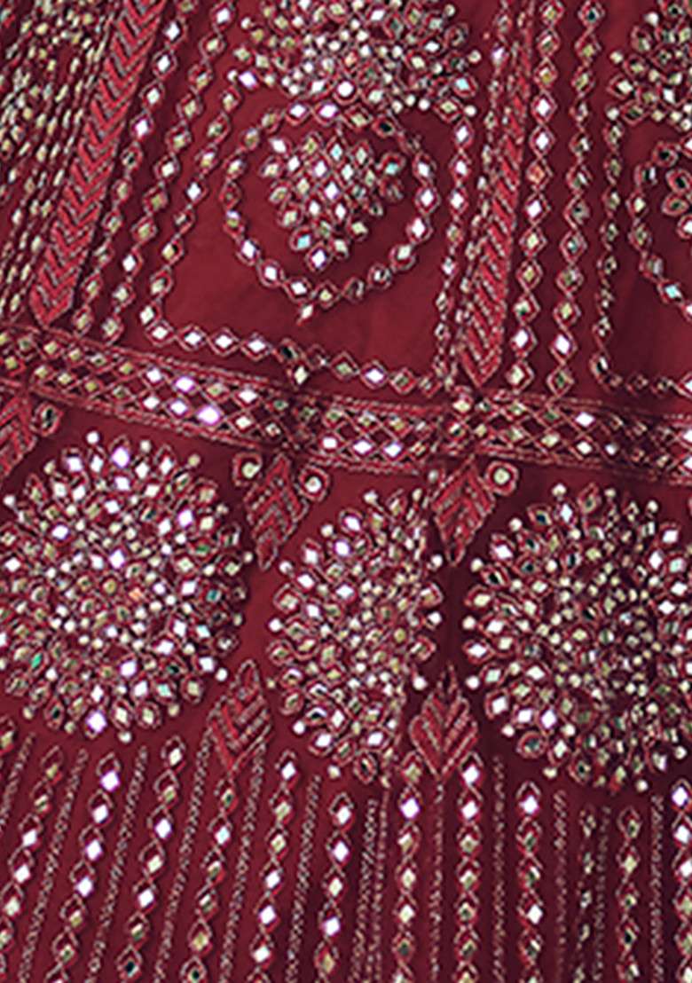 Maroon Mirror Embroidered Soft Net Lehenga Set - Indya