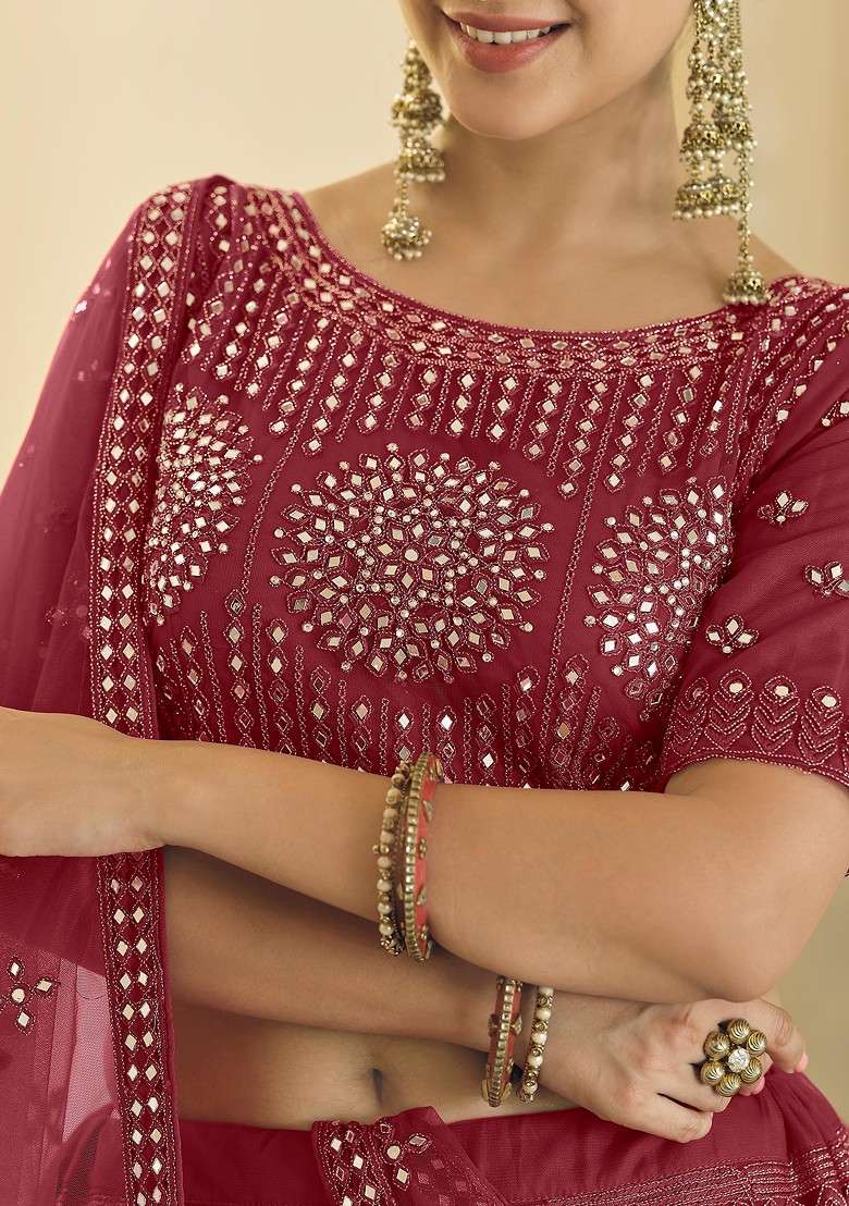 Maroon Mirror Embroidered Soft Net Lehenga Set - Indya